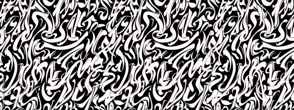 Black and white intertwined graffiti letters creating an abstract seamless pattern, ideal for a modern and dynamic interior