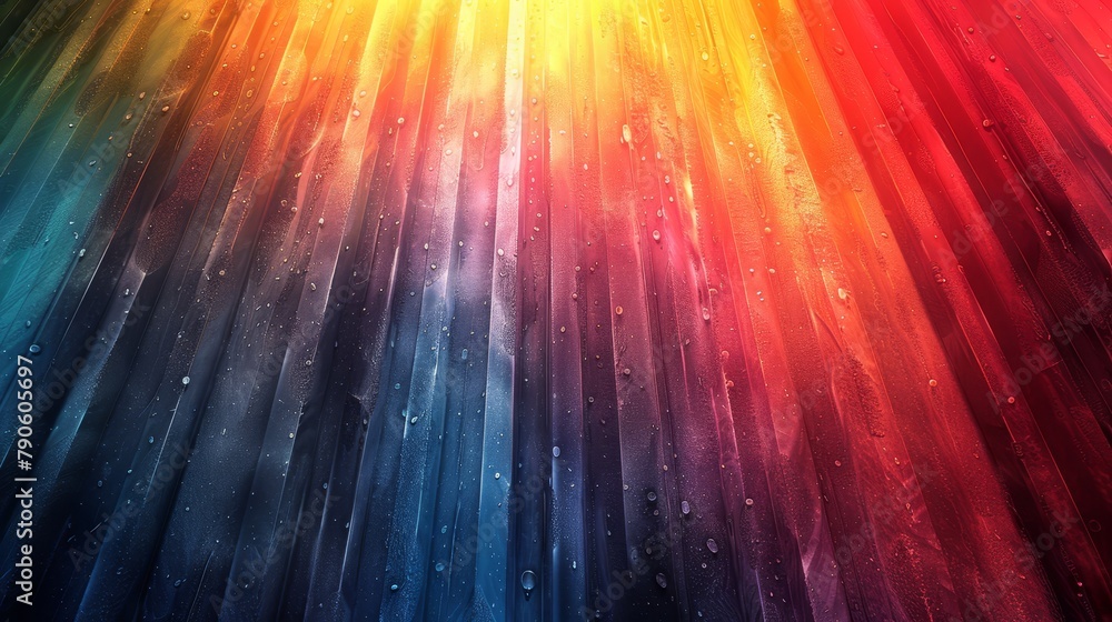  A tight shot of a rainbow-hued wallpaper adorned with water droplets at its base