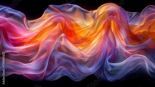 a colorful wave against a black background Consists of red, orange, blue, yellow, pink, and white hues