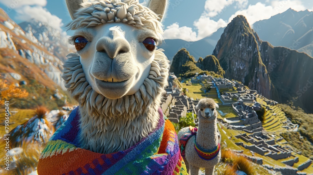 Obraz premium Happy smiling alpaca on mountain, big eyes, alpaca is wearing colorful scarf. Generative AI.