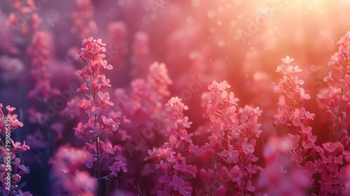  A field of pink flowers with sun rays filtering through blooms, background showcasing sun's glow