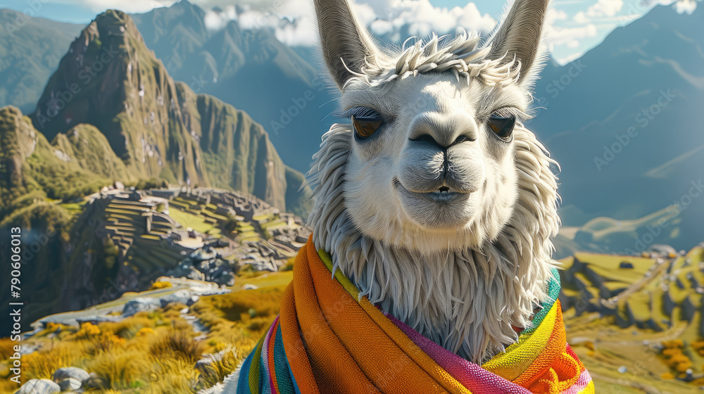 Fototapeta premium Happy smiling alpaca on mountain, big eyes, alpaca is wearing colorful scarf. Generative AI.
