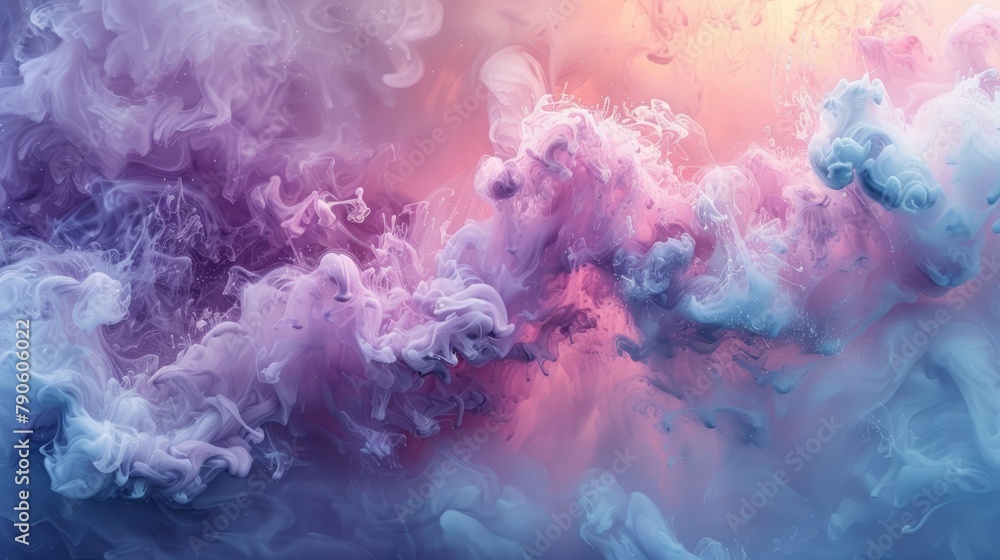   A blue, pink, and white substance floats in the center of a liquid comprised of blue, pink, and white hues
