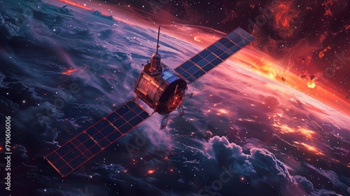 Orbiting satellite with orange solar panels in a vibrant galaxy backdrop photo