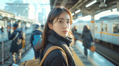 A young woman with a contemplative look waits on a bustling train station platform during the warm, signaling the start of her workday commute. photo