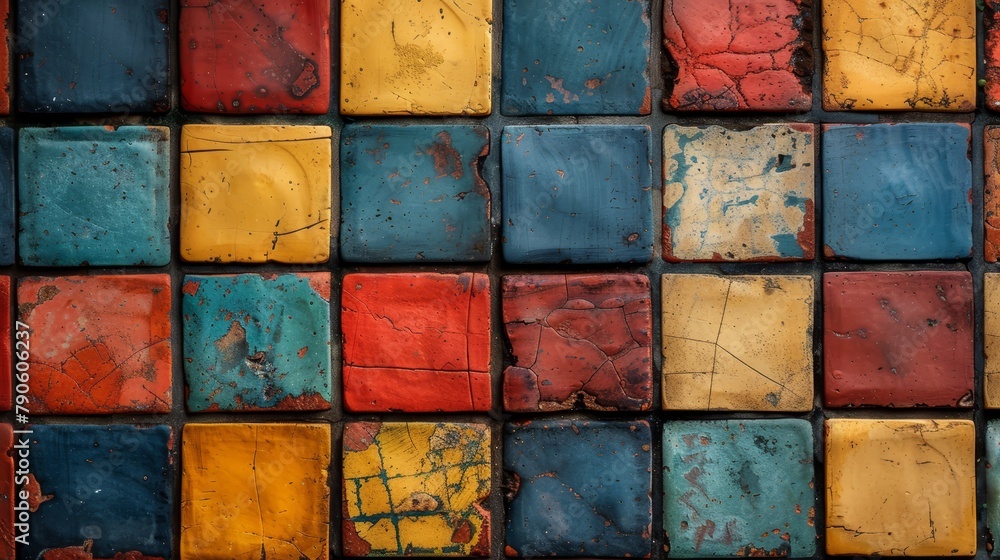   A tight shot of a mosaic-like wall, composed of variously sized and hued square tiles of paint