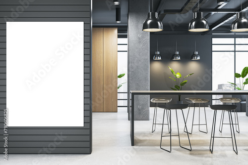 Modern kitchen interior with blank white mock up banner on wall  table  chairs and panoramic windows with city view.. 3D Rendering.