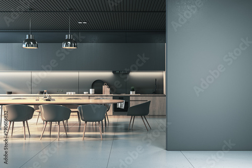 Modern spacious kitchen interior with empty mock up place on wall, tile flooring, daylight and dining area furniture. 3D Rendering.