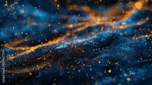 An abstract background features dark blue and gold particles, evoking a festive ambiance with Christmas golden light shining amidst a navy blue backdrop. The incorporation of gold foil texture adds