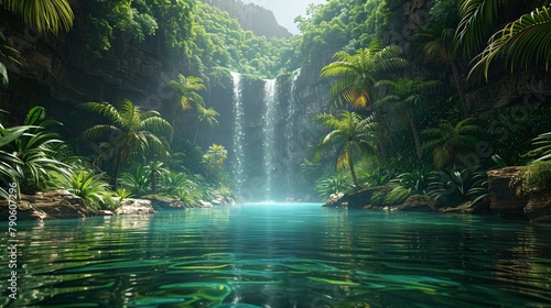 tropical rainforest river landscape with waterfall