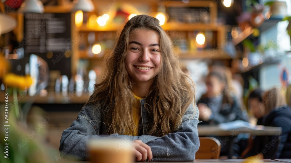 A female student sits in a coffee shop 