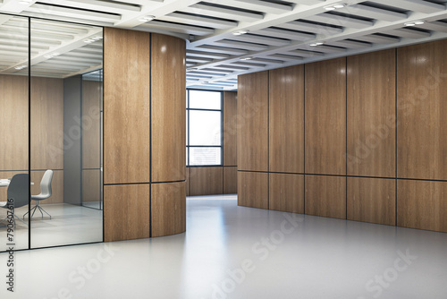 Fototapeta Naklejka Na Ścianę i Meble -  Modern conference room visible through glass walls, featuring a table and chairs with a clean, minimalist design and ample natural light. 3D Rendering