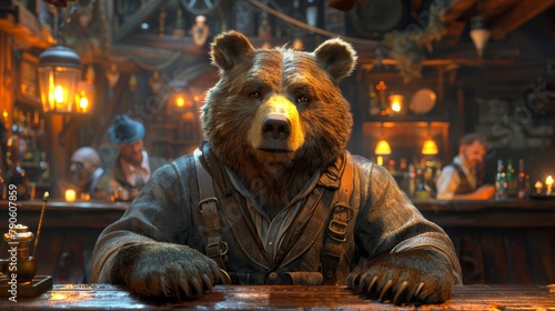  A bear seated at a bar, surrounded by numerous bottles and background patrons
