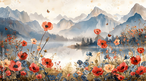 Floral Fusion: Watercolor Portrait Uniting National Flowers and Emblematic Butterflies photo