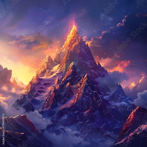 Illustrated Mountain Peak Soaring to Heavenly Realms of Gods and Goddesses