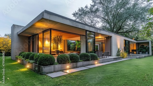 Luxurious modern house exterior boasts garden and elegant dining space,Stylish Home Set in a Picturesque Green Oasis,Exterior of a modern house with a beautiful garden at night.


