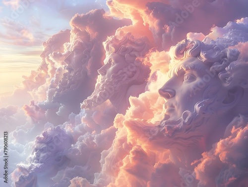 Illustrated Sky Ancient Deities Formed by Cloud Shapes in a Mythological Design