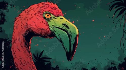 Vibrant cartoon illustration of an anthropomorphic flamingo in a tropical setting photo