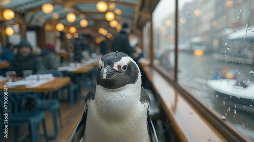  A tight shot of a penguin on a table by a window, people and their background visible beyond A boat anchored in the water outside