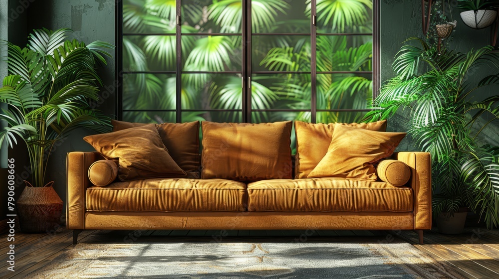 A livable space featuring a couch, lush potted plants, and an expansive window revealing a jungle view A livable space featuring a couch, lush potted plants, and an expansive window revealing a jungle view