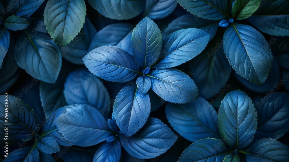 A collection of blue leaves with green leaves atop, beneath lay more blue leaves A collection of blue leaves with green leaves atop, beneath lay more blue leaves