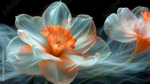  Two orange and white tulips are situated in the middle of a monochrome image against a black background