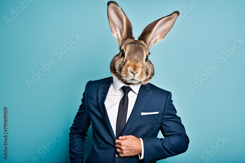 Anthropomorphic friendly rabbit wearing suit formal business suit against blue backdrop © Julaporn