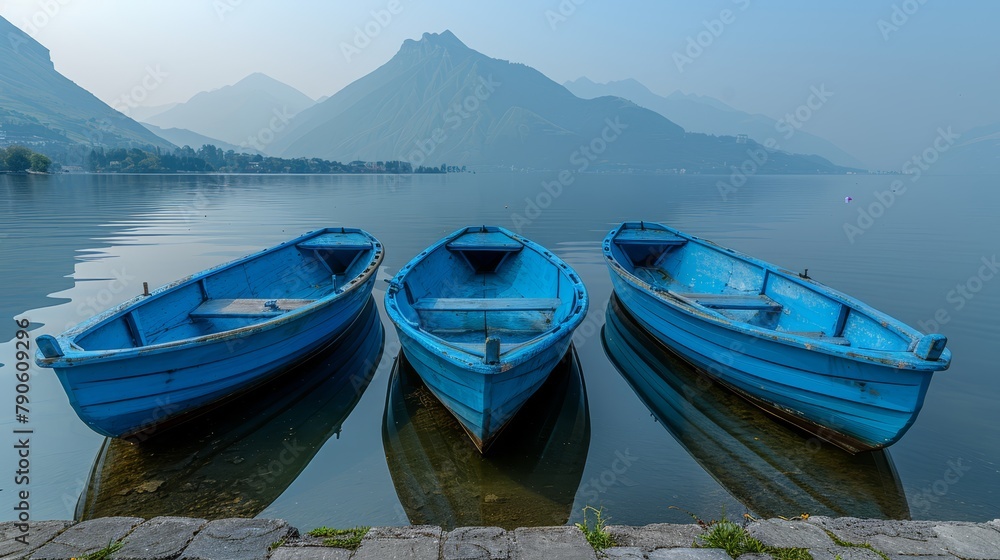  Blue boats rest atop tranquil lake Rocky shore borders edge Mountains loom in backdrop