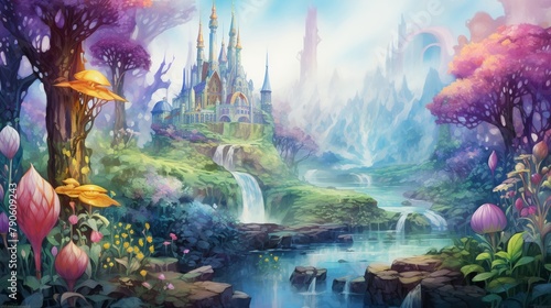 Whimsical scene of a crystal-clear fairy realm filled with vibrant colors  photo