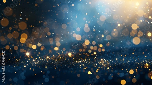 An abstract background features dark blue and gold particles  evoking a festive ambiance with Christmas golden light shining amidst a navy blue backdrop. The incorporation of gold foil texture adds