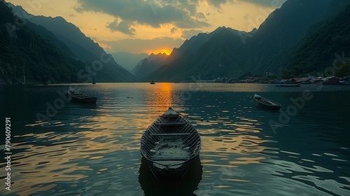   A boat floats on a body of water, as the sun sets behind mountain ranges in the sky photo