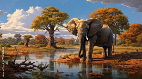Majestic elephant grazing peacefully by a tranquil watering hole