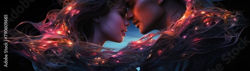 A neonlit scene of two figures intertwined in a passionate embrace, their love radiating brightly against the dark backdrop photo