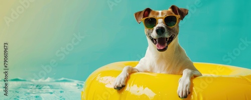 A happy canine with sunglasses sitting on an inflatable yellow ring against a bright background