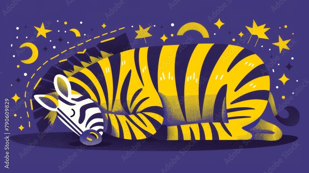 Fototapeta premium A zebra drawing, reclining on its side, surrounded by stars and a crescent moon in the night sky A smaller crescent shapes the backdrop