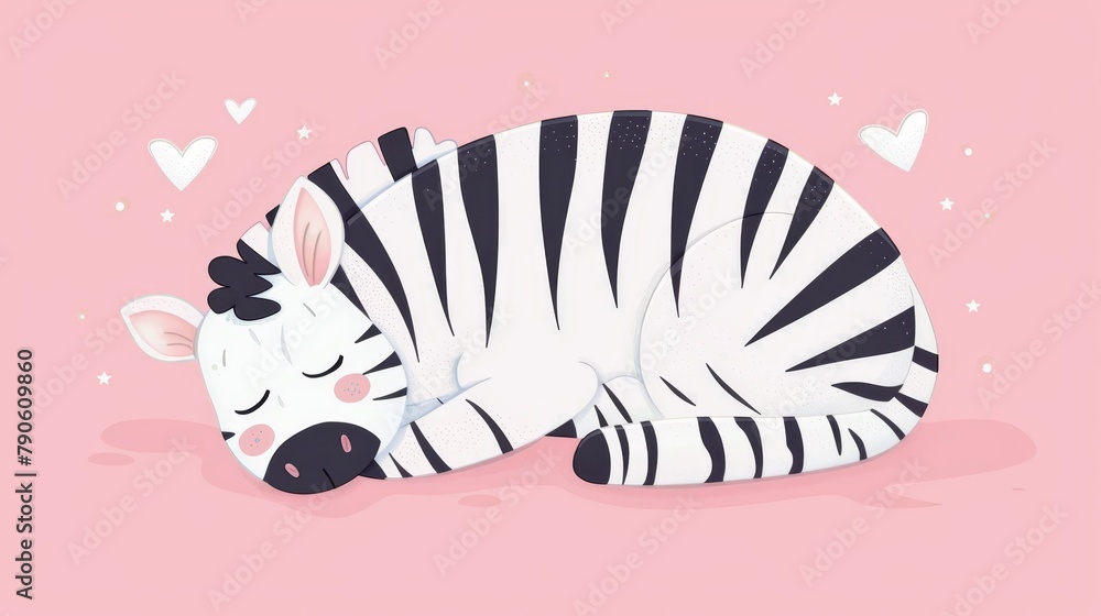Fototapeta premium A zebra sketch lying on a pink backdrop, surrounded by hearts, each formed like a heart shape