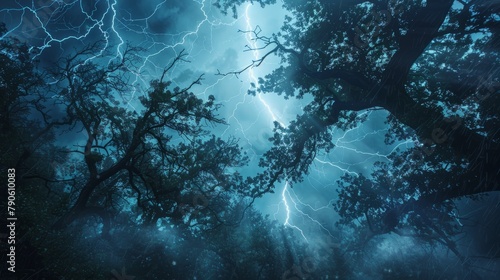 Stormy Night with Lightning Illuminating Trees