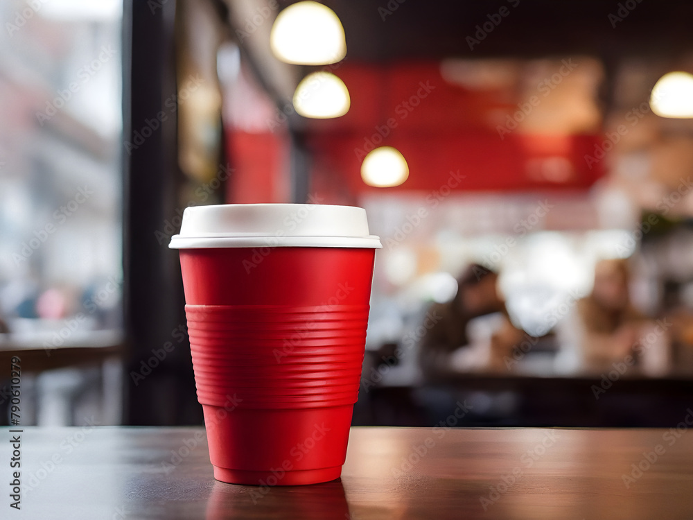 Red Coffee cup with blurred people in cafe background Red Coffee cup with blurred people in cafe background