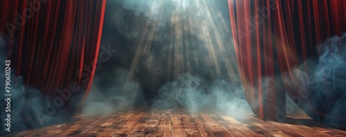 A dramatic stage with smoke billowing from behind the red velvet curtains to create a mysterious scene photo