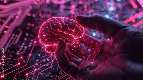 A circuit board resembling an electronic brain with gyrus is depicted, with the symbol of AI hanging over a hand. This symbolizes computer neural networks or artificial intelligence in a neon cyberspa photo
