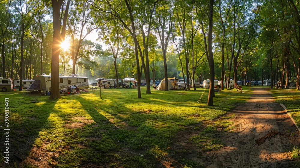 Panoramic View of a Camping Ground in Forest at Dawn