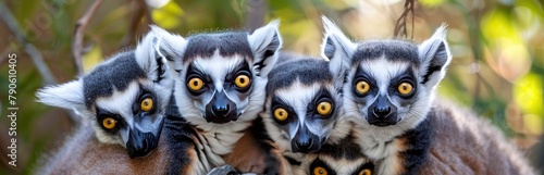 A bunch of ring tailed lemurs sitting on one anothers backs, their yellow eyes fixed on the camera. photo