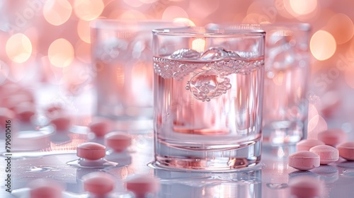   A tight shot of a glass filled with water, accompanied by several pills arrayed before it on the table photo