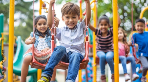 children engaged in outdoor play at a playground swinging on swings