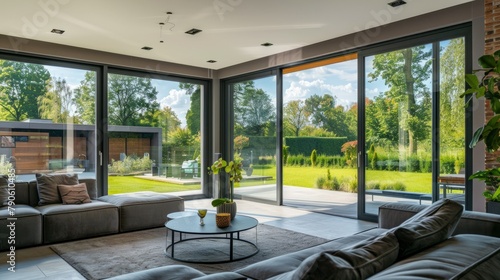 Contemporary Living Room with View to Green Garden