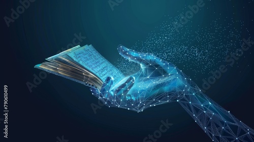 A human hand is depicted touching a book in a low poly wireframe style against a blue background, symbolizing online education. This digital vector illustration represents the concept of online readin #790610499