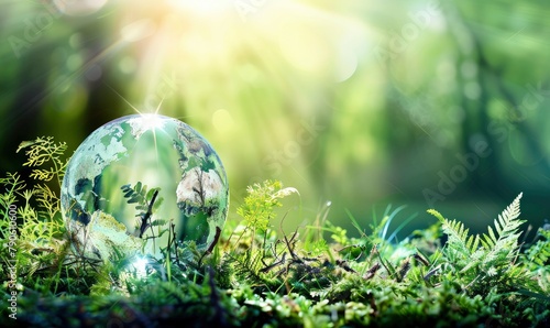 An magical forest with lush vegetation and sunlight peeping through the trees, with a glass globe perched on the grass photo