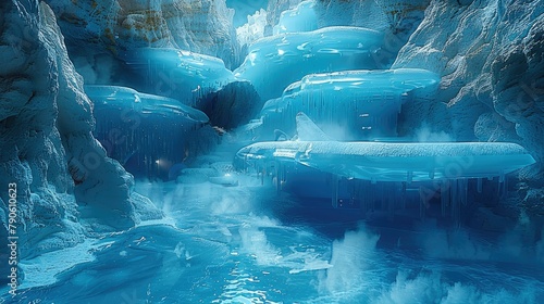 An organic shapes ice house of glacial crevices of deep dark blue, its seamless ice-blue glazed glass facade reflecting crystal blue hues. Generative AI. photo