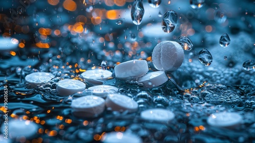   A collection of pills resting on a damp table, dripped with water photo
