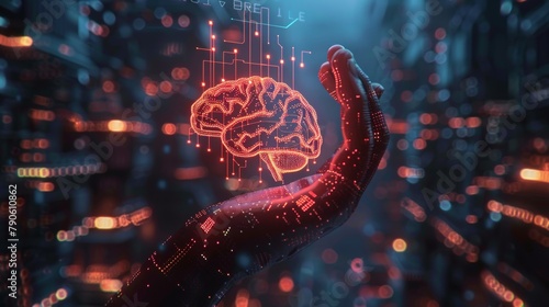 A circuit board resembling an electronic brain with gyrus is depicted, with the symbol of AI hanging over a hand. This symbolizes computer neural networks or artificial intelligence in a neon cyberspa photo